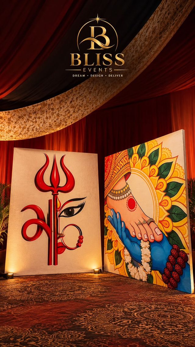 Two hand-painted panels: a red trishul with an eye, and feet painted with alta among sunflowers