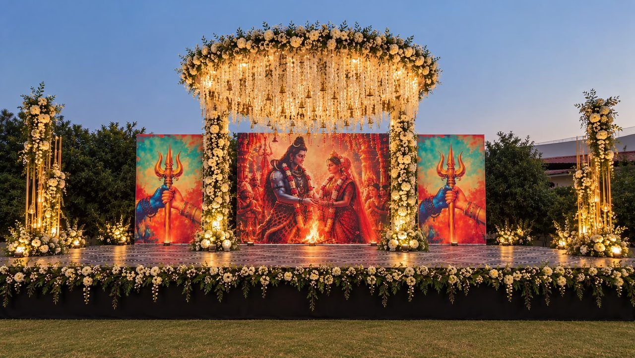 An outdoor stage at dusk: a canopy of white flowers and lights over a painting of Shiv and Parvati, with gold pillars wrapped in flowers on either side